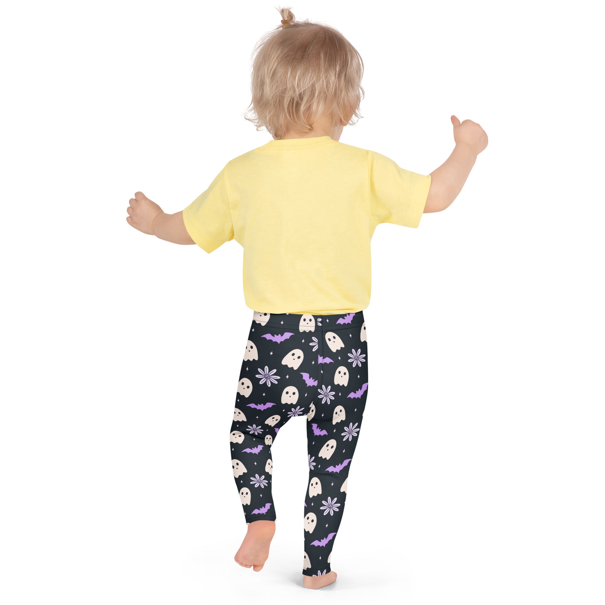 Girls Purple Floral Ghost Bat Halloween Leggings - Warm, Buttery Soft & Stretchy