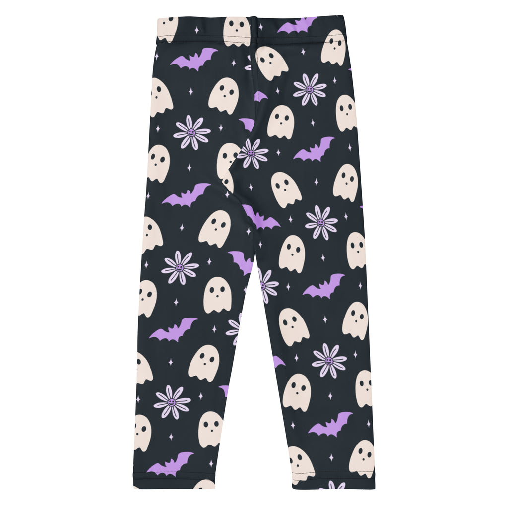 Girls Purple Floral Ghost Bat Halloween Leggings - Warm, Buttery Soft & Stretchy