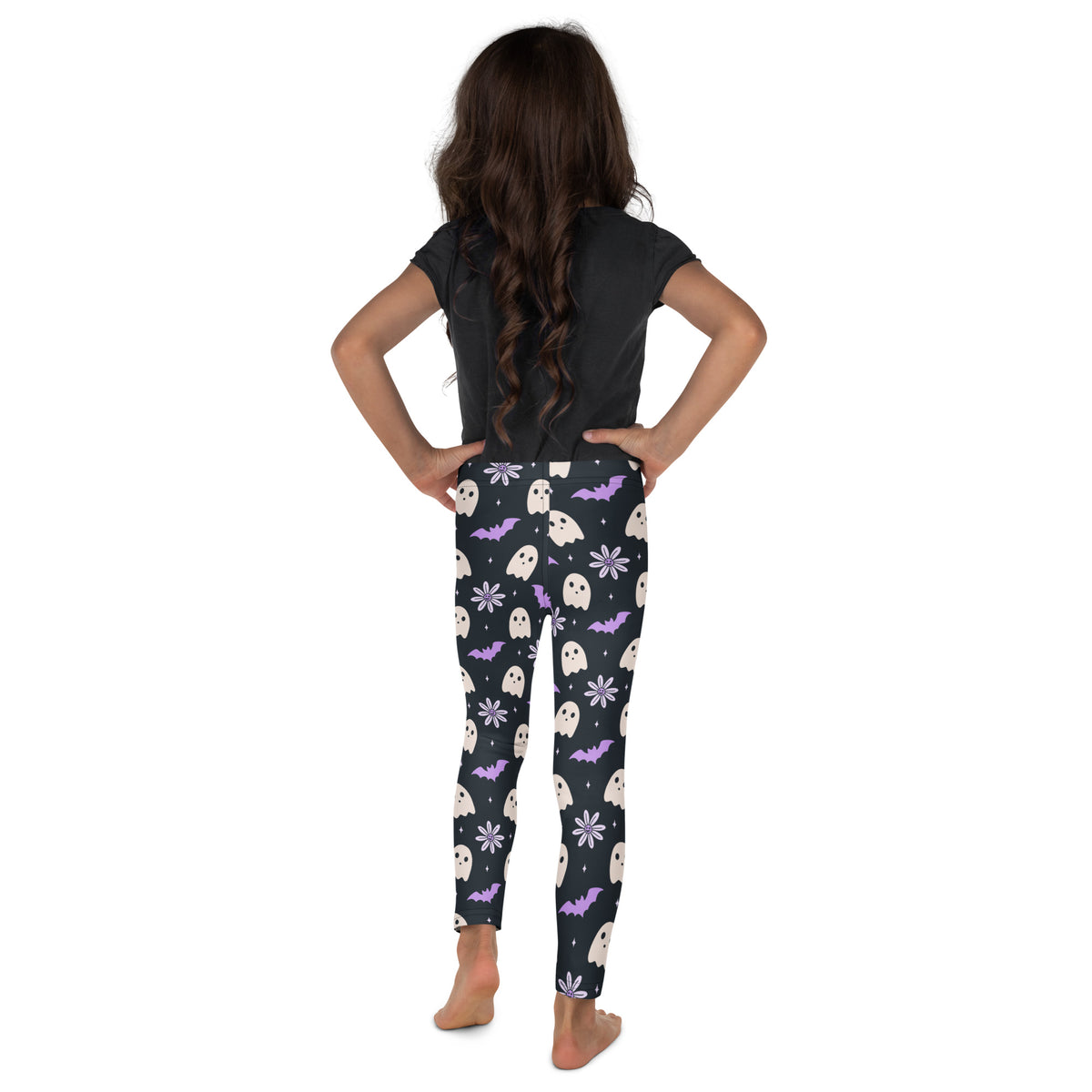 Girls Purple Floral Ghost Bat Halloween Leggings - Warm, Buttery Soft & Stretchy