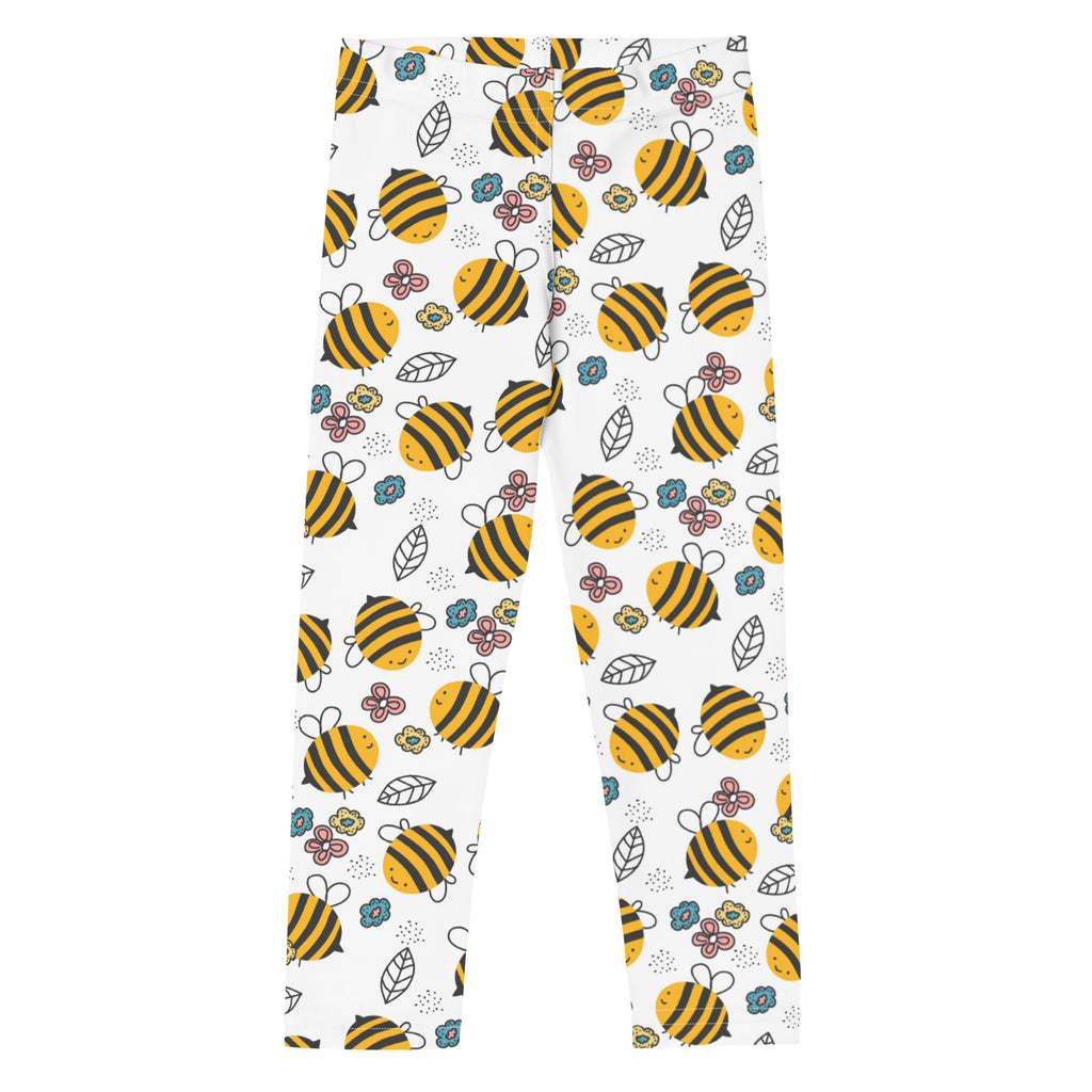 Kids white leggings with cute bee, leaf, and flower print, fun children's clothing