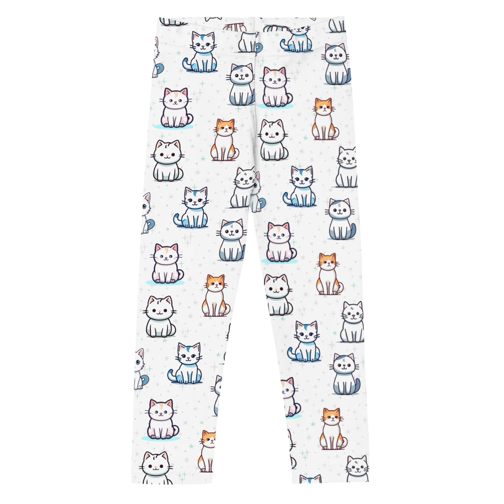 Girls cats pattern buttery soft white leggings with colorful playful cartoon cat designs in blue orange and white