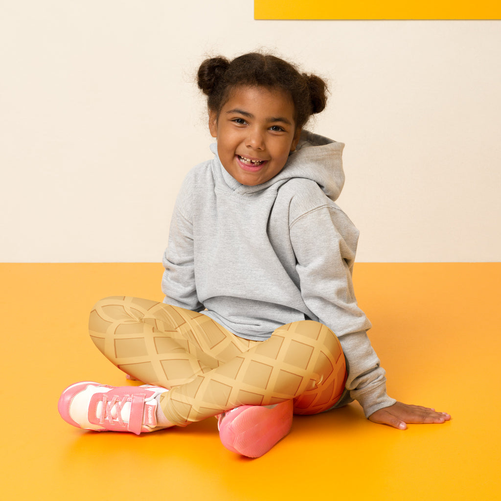 Gray hooded sweatshirt with long sleeves and relaxed fit shown with kids waffle cone buttery soft leggings