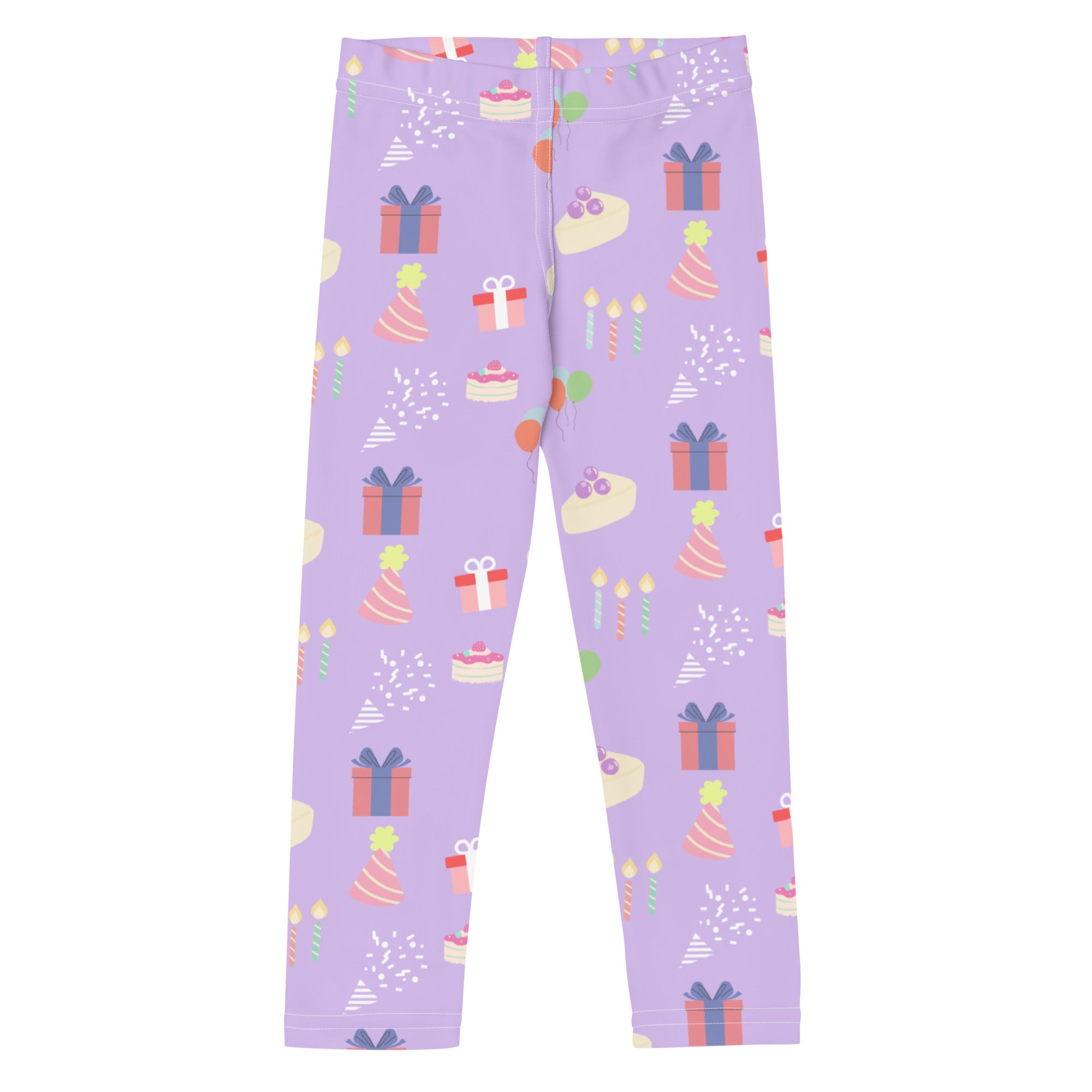 Girls birthday buttery soft purple leggings with playful birthday-themed pattern of gifts cakes hats and confetti