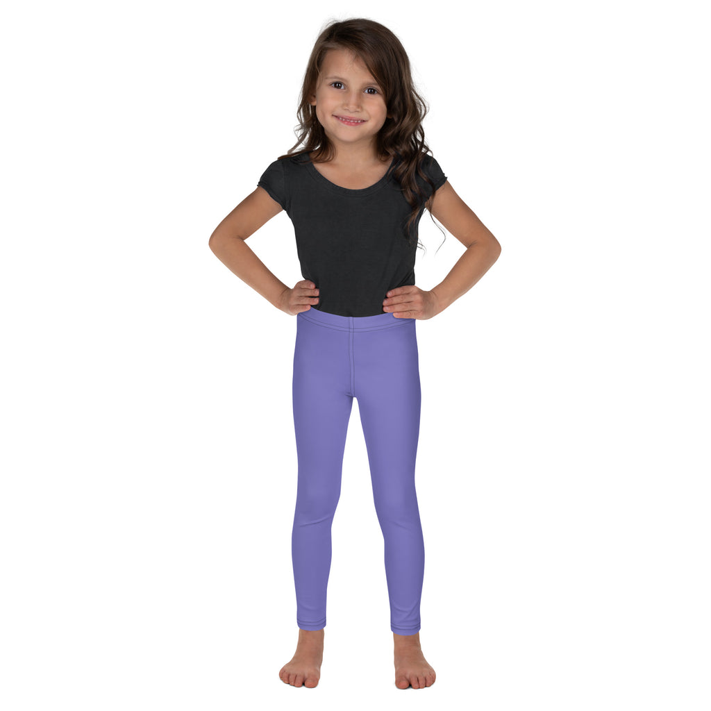 Young girl wearing buttery soft purple stretchy leggings designed for comfort and active wear