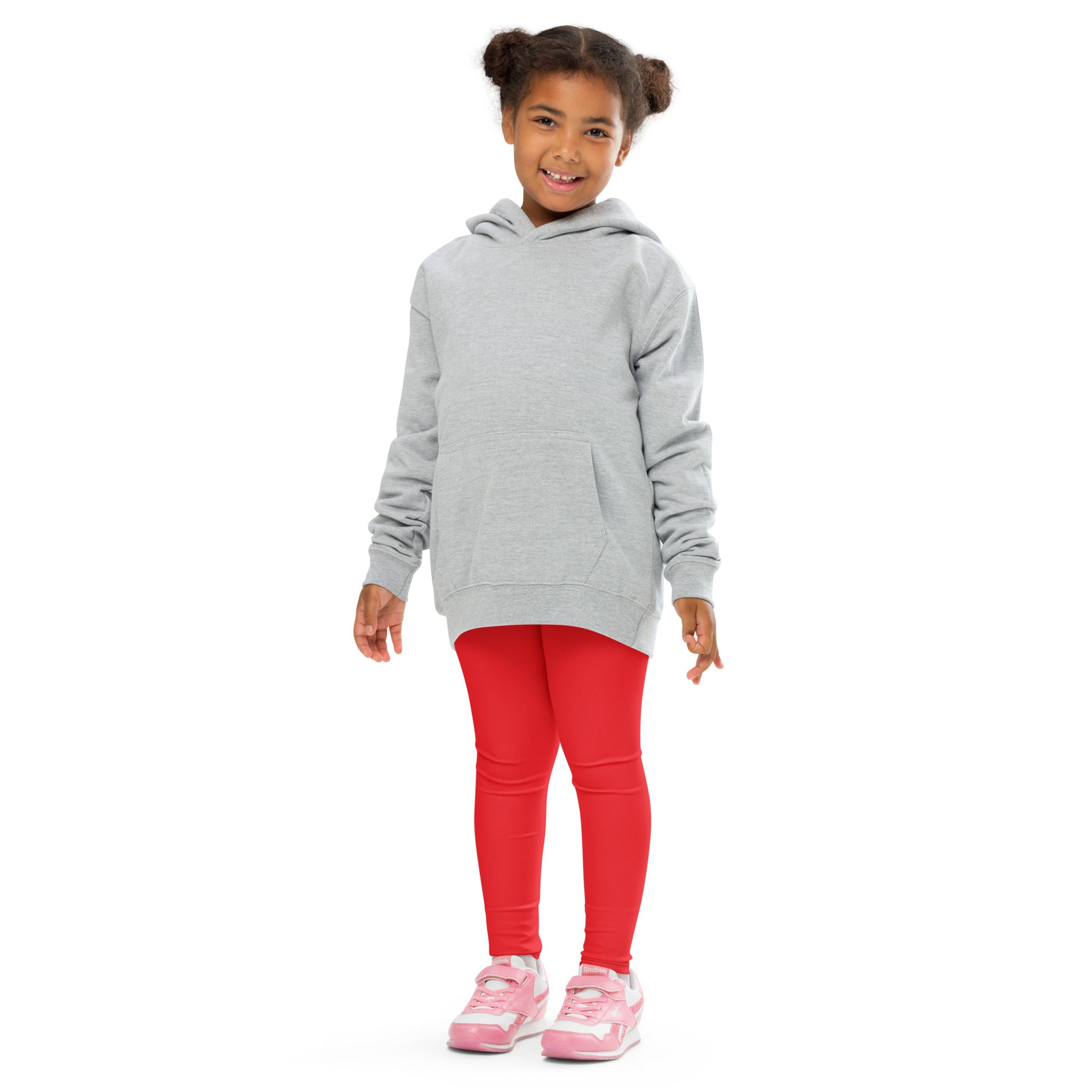 Gray hooded sweatshirt with front pocket and long sleeves shown alongside kids buttery soft red leggings product