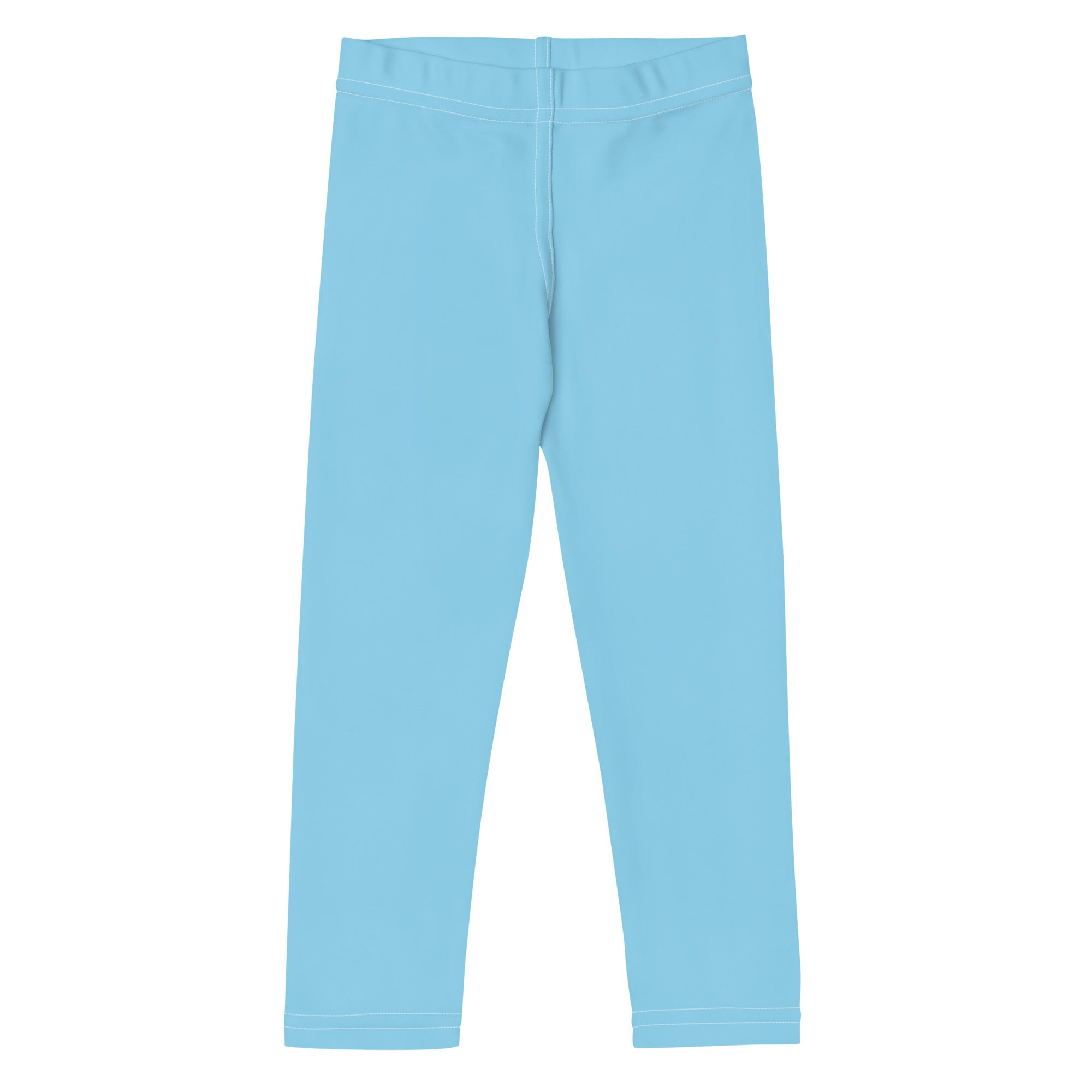 Kids buttery soft sky blue leggings made of smooth light blue fabric with elastic waistband and clean hem