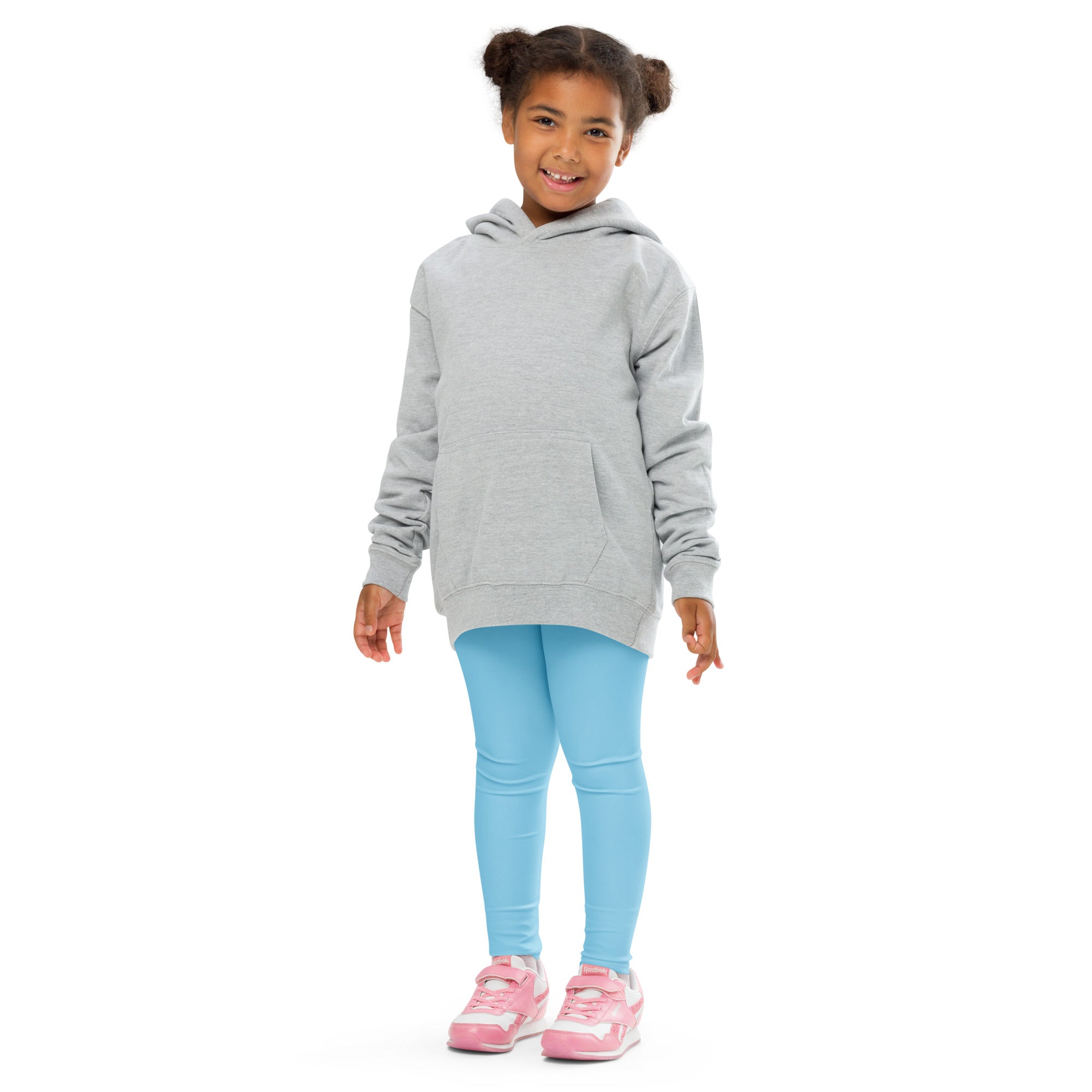 Gray hooded sweatshirt with front pocket and long sleeves shown with kids buttery soft sky blue leggings