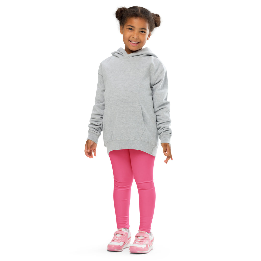 A child wearing girls buttery soft pink leggings paired with a light gray hooded sweatshirt with front pocket