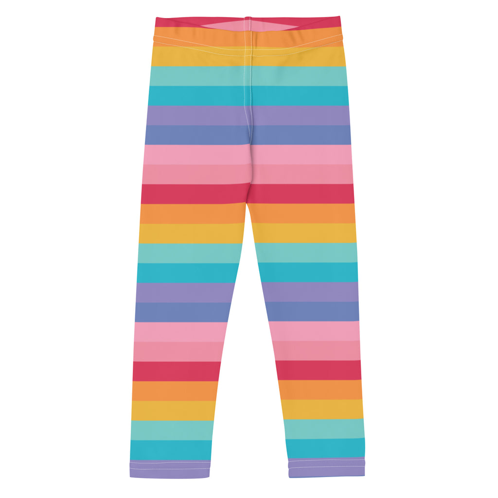 Girls bright rainbow striped buttery soft leggings with vibrant horizontal bands in pink orange yellow teal and purple