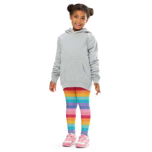 Gray hooded sweatshirt with front pocket and long sleeves paired with girls bright rainbow striped buttery soft leggings