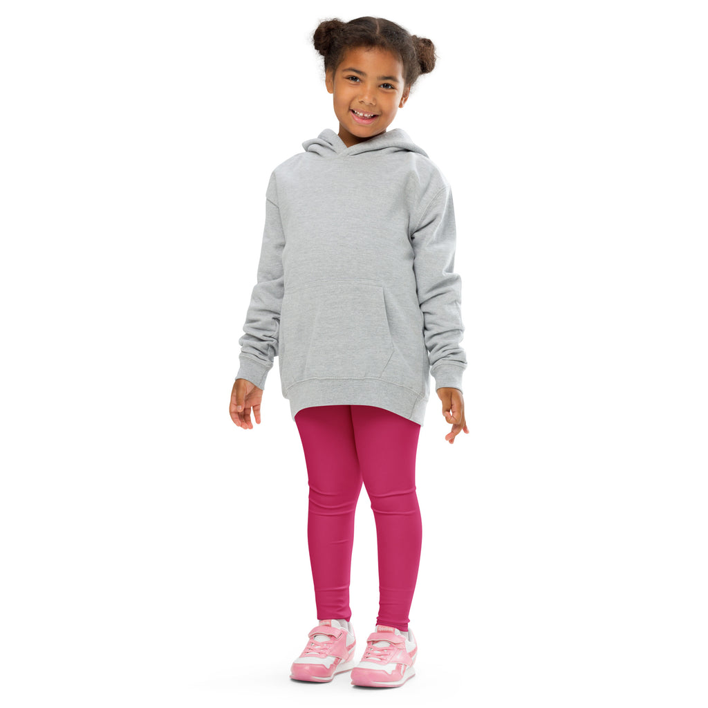 A child wearing a light gray hooded sweatshirt and girls buttery soft rose red leggings for comfortable wear