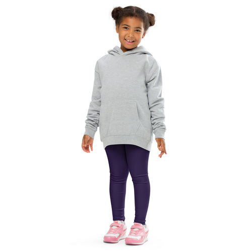 A child wearing a light gray hooded sweatshirt and girls buttery soft dark purple leggings made of soft fabric