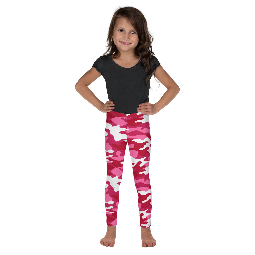 Girls pink camouflage buttery soft leggings in pink and white worn by a young girl for comfortable wear