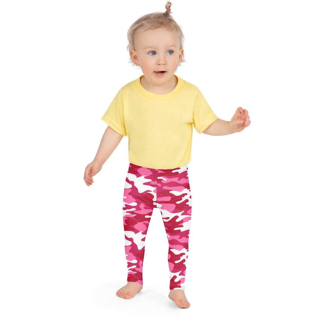 Girls pink camouflage buttery soft leggings in pink and white worn by toddler with stretchy comfortable fit