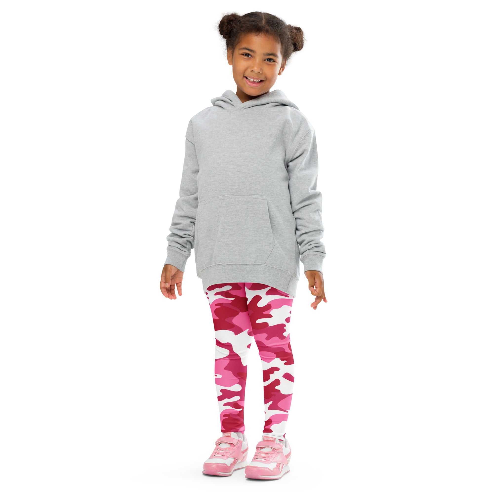 Gray hooded sweatshirt with front pocket and long sleeves paired with girls pink camouflage buttery soft leggings