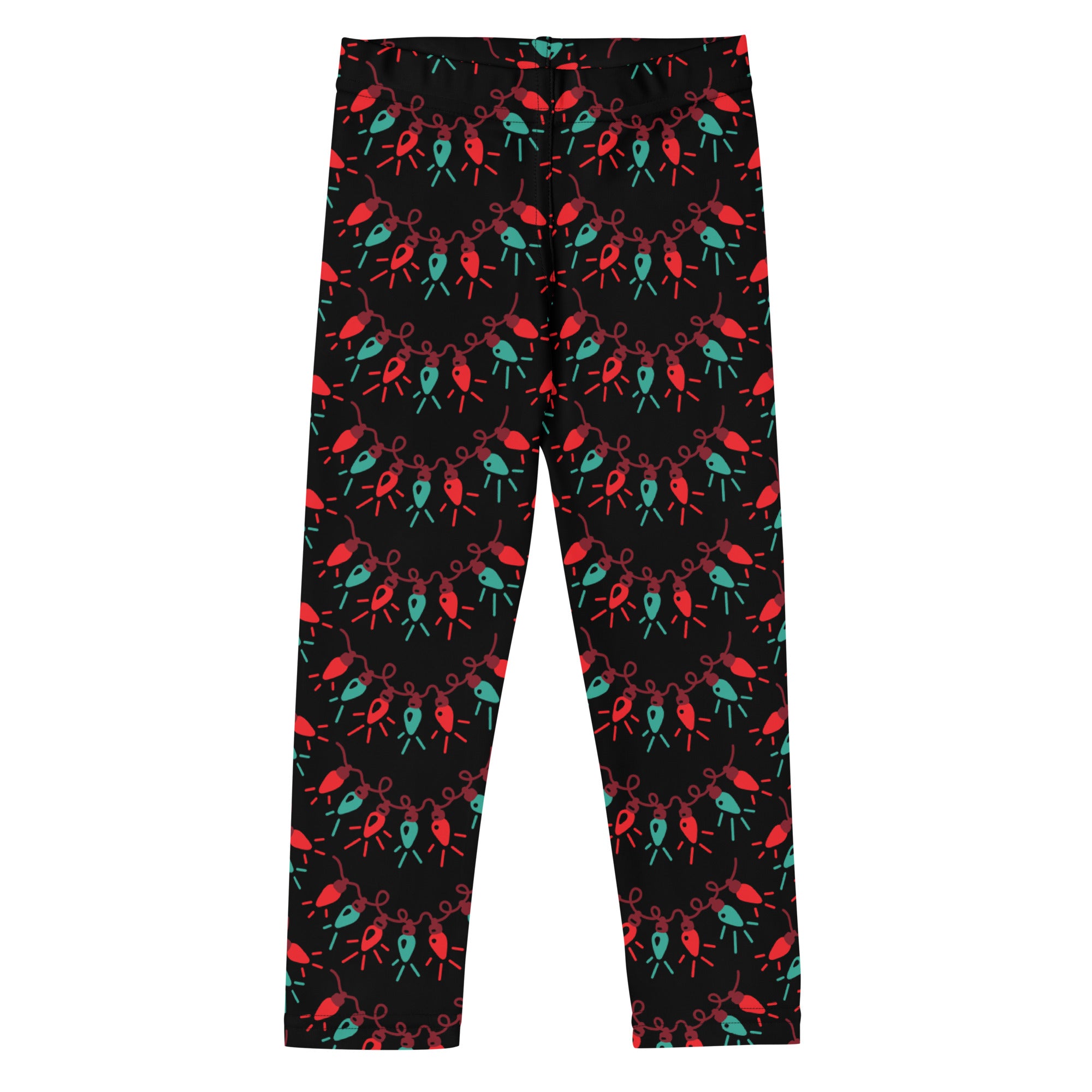 Black kids Christmas lights buttery soft leggings with festive red and teal Christmas lights on pink wires