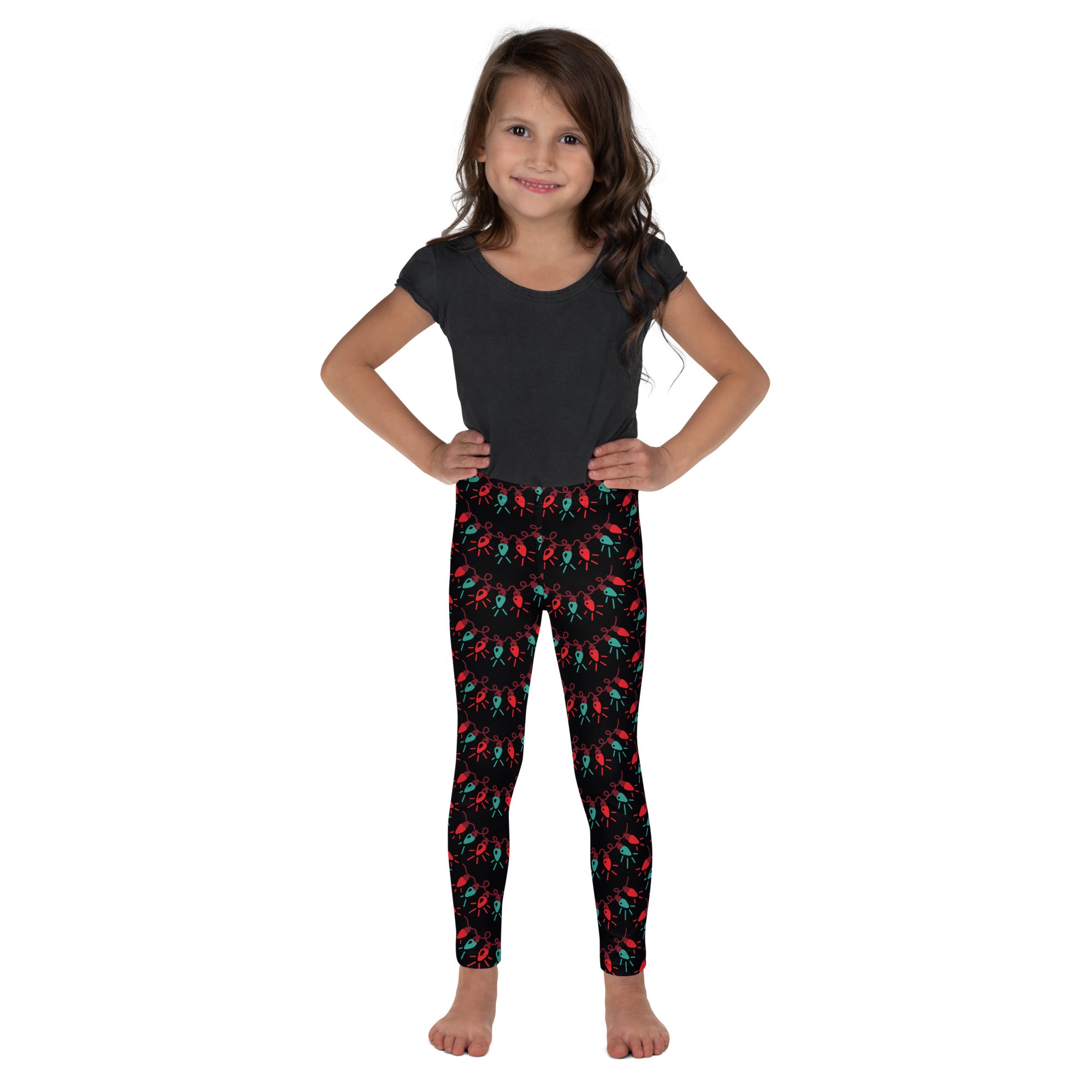 Kids christmas lights buttery soft black leggings with a playful red and teal flamingo pattern