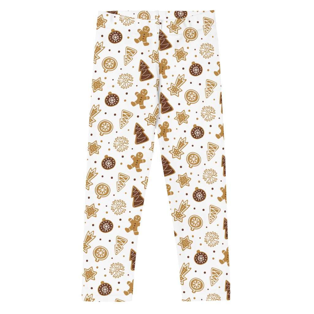 White kids leggings with festive gingerbread men christmas trees ornaments and stars pattern buttery soft