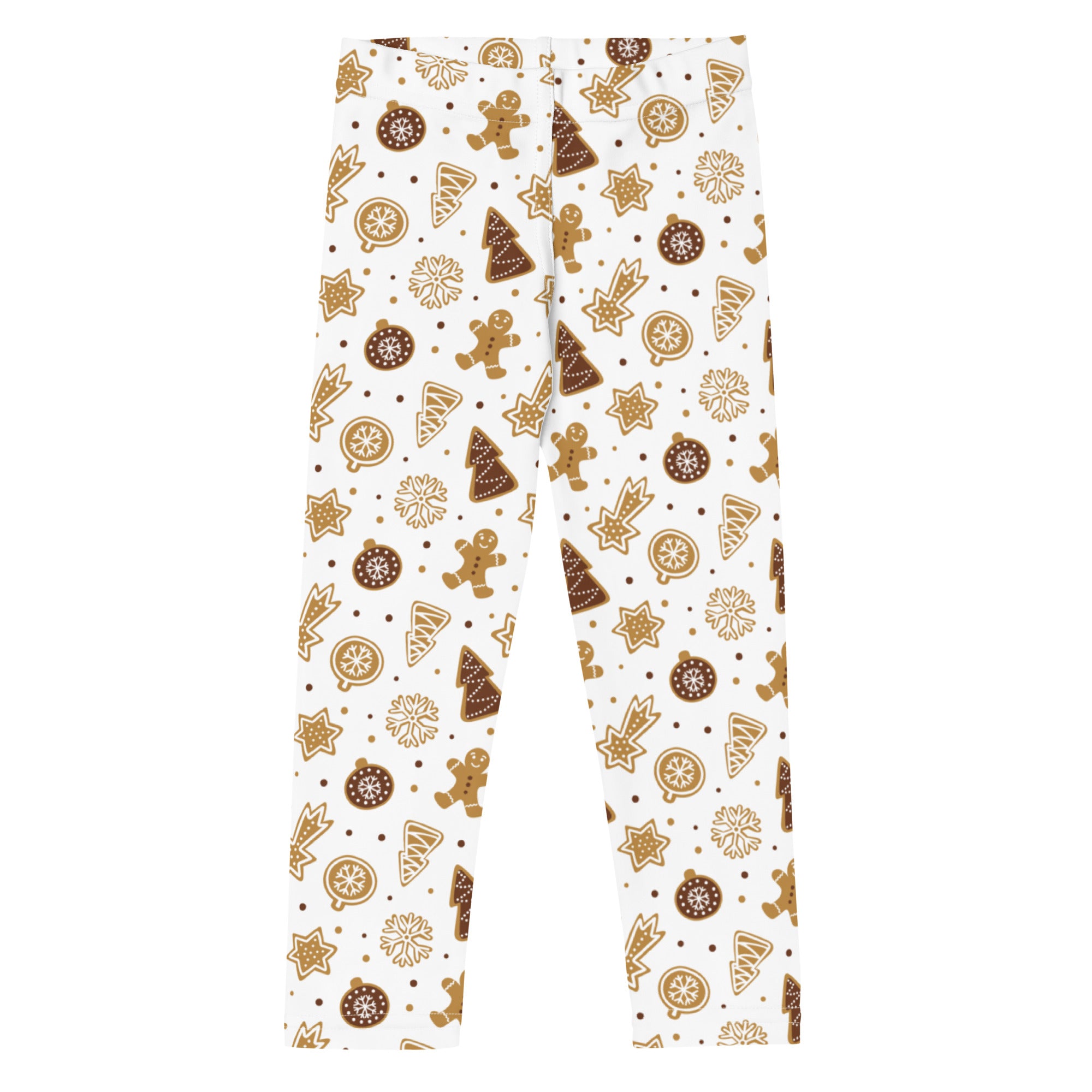 White kids leggings with festive gingerbread men christmas trees ornaments and stars pattern buttery soft