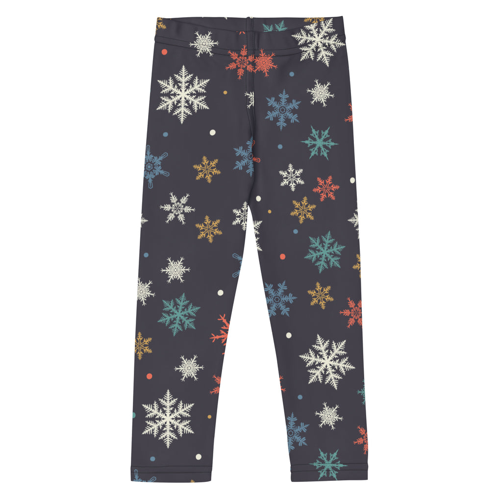 Dark gray festive kids Christmas leggings with multicolored white blue orange and gold snowflake pattern