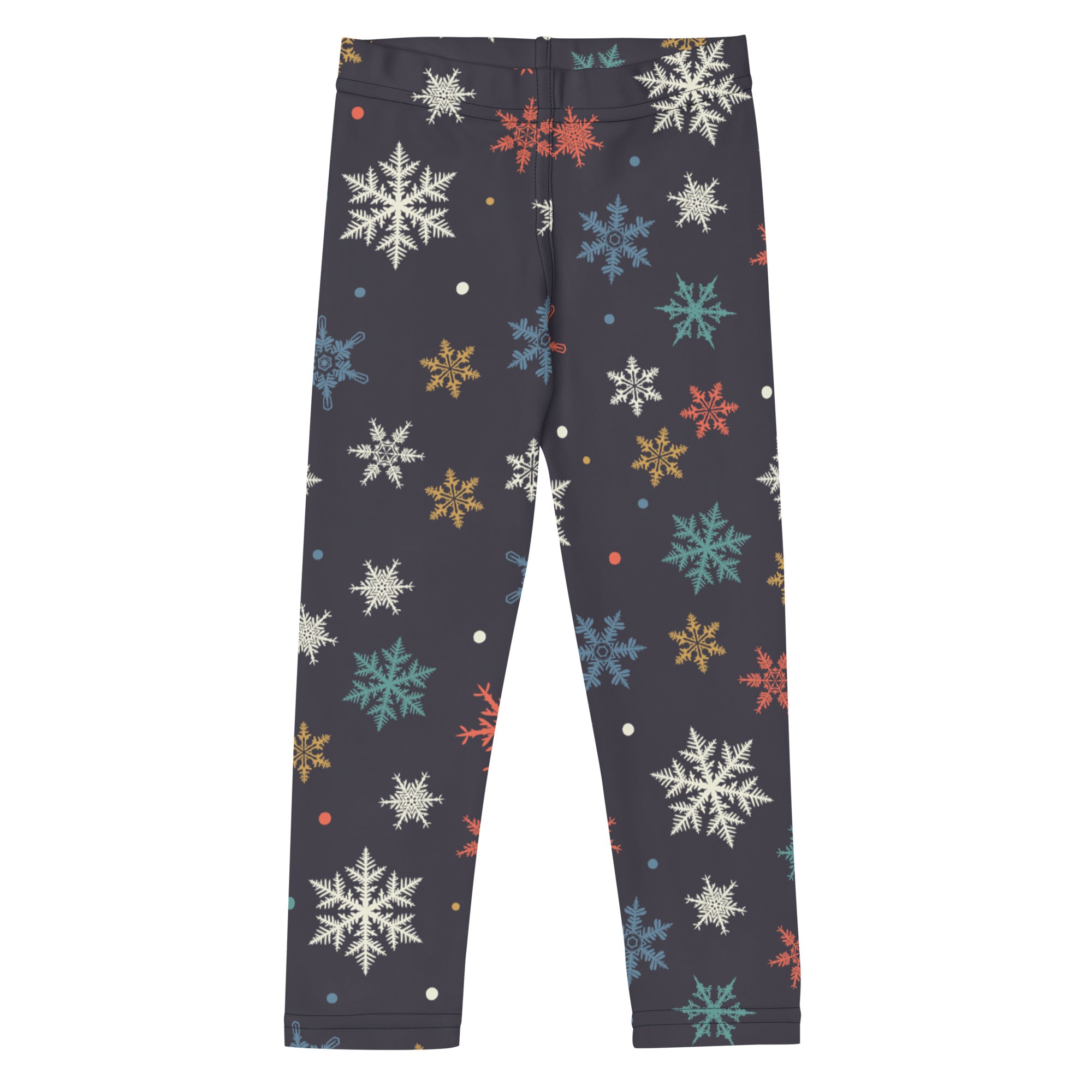 Dark gray festive kids Christmas leggings with multicolored white blue orange and gold snowflake pattern
