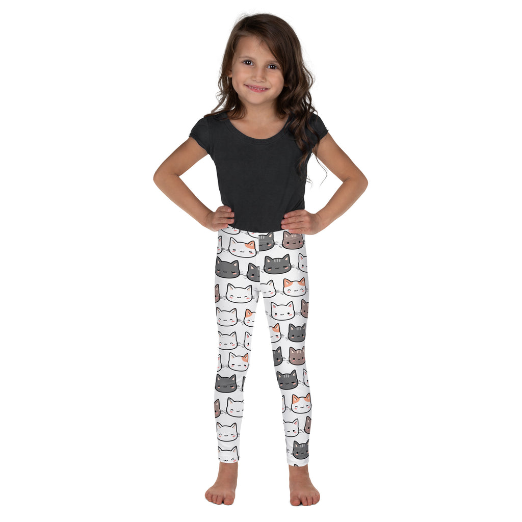 Girls cat buttery soft white leggings with playful gray white and orange cartoon cat face pattern