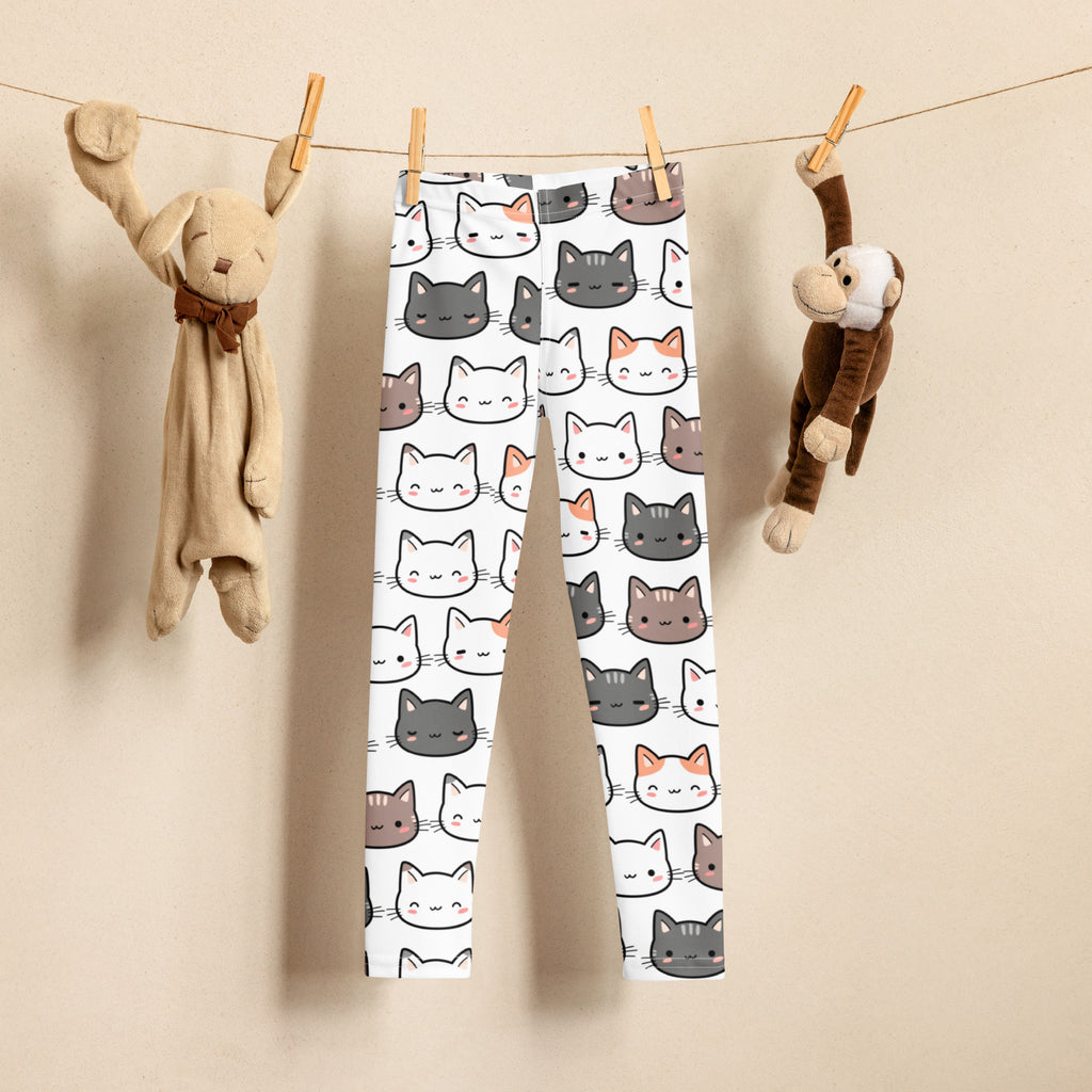 Girls cat buttery soft white leggings with playful cartoon cats in gray white and orange pattern