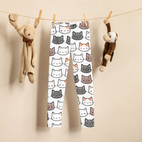 Girls cat buttery soft white leggings with playful cartoon cats in gray white and orange pattern
