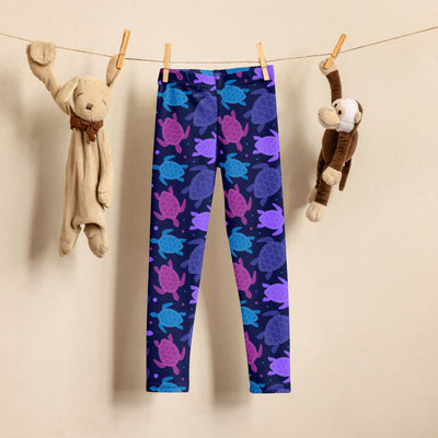 Girls purple sea turtle buttery soft navy blue leggings with playful pink purple and teal sea turtle pattern