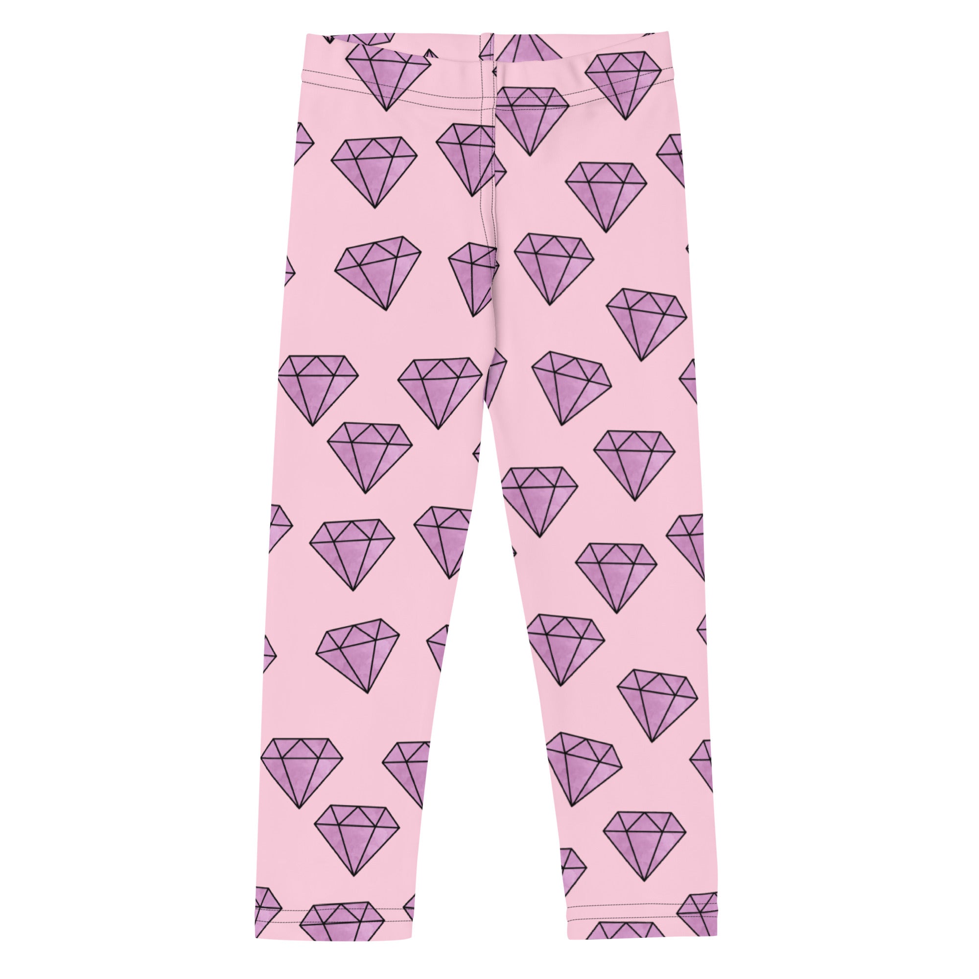 Girls purple diamonds buttery soft leggings in pink with a repeating purple diamond pattern outlined in black
