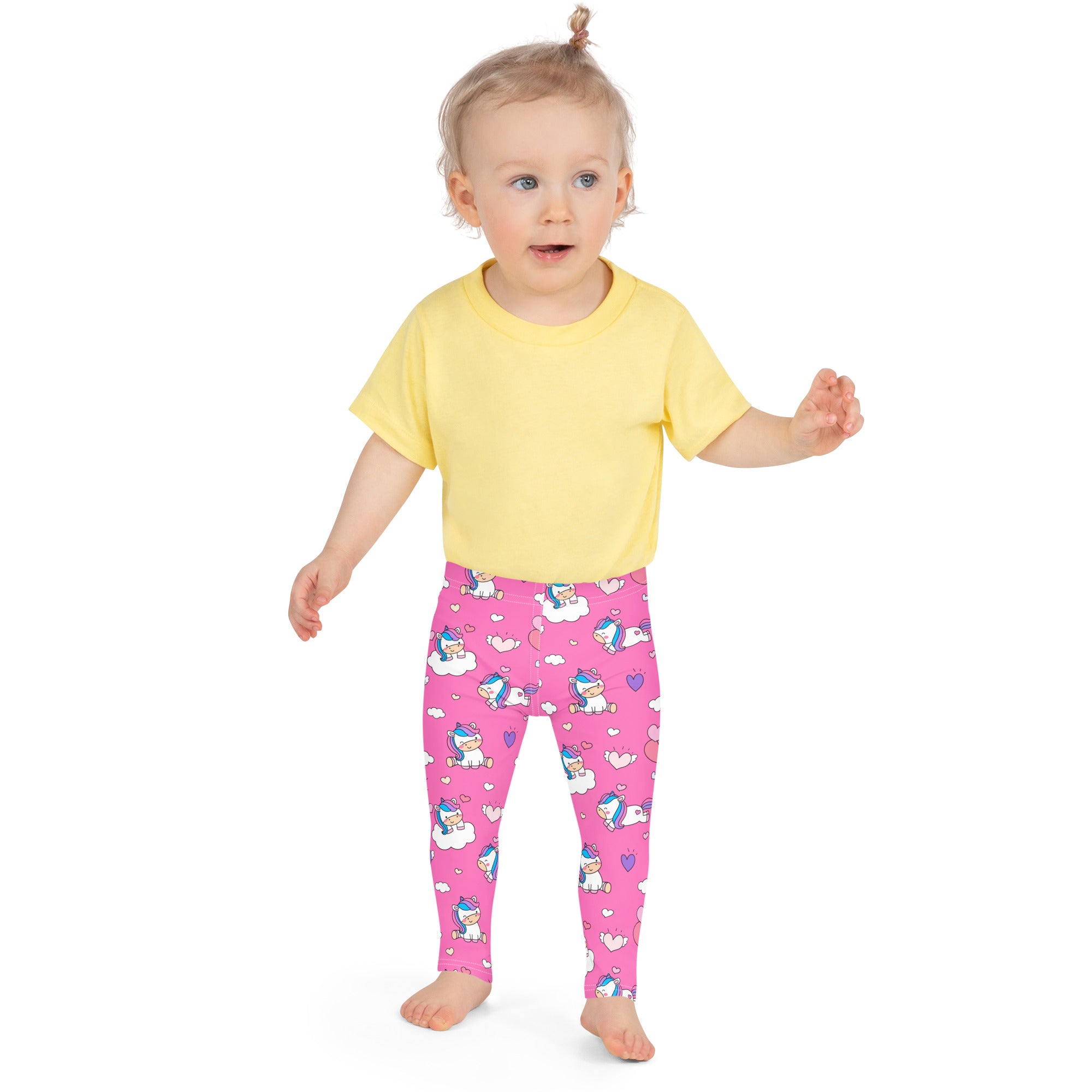Pink girls buttery soft leggings with playful unicorn hearts and clouds pattern perfect for everyday wear