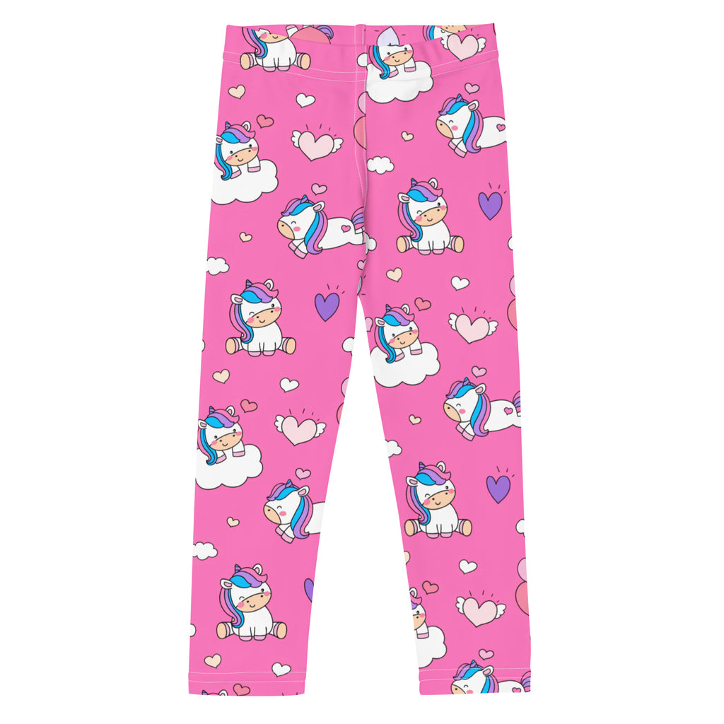 Girls unicorn hearts buttery soft pink leggings with playful cartoon unicorns rainbow manes clouds and hearts pattern