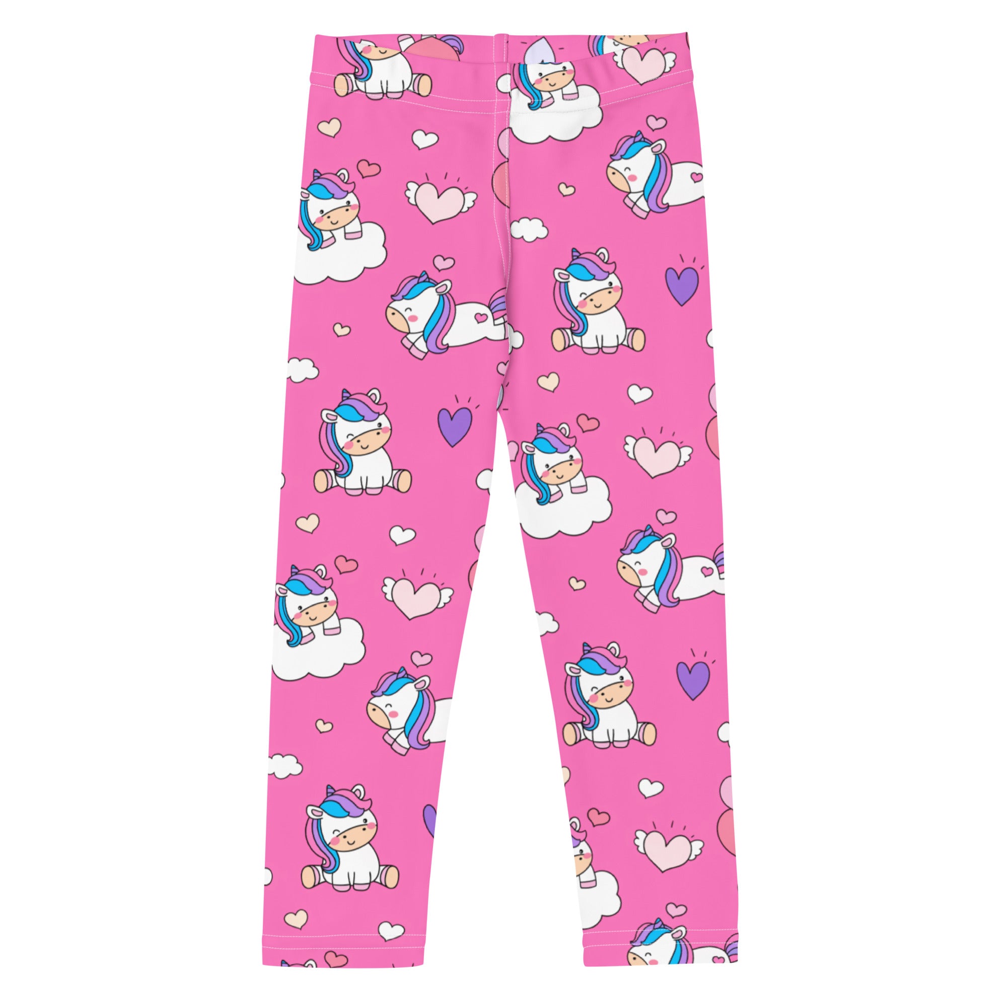 Girls unicorn hearts buttery soft pink leggings with playful cartoon unicorns rainbow manes clouds and hearts pattern