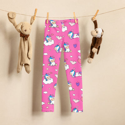 Girls unicorn hearts buttery soft leggings in pink featuring a playful pattern of cartoon unicorns clouds and hearts