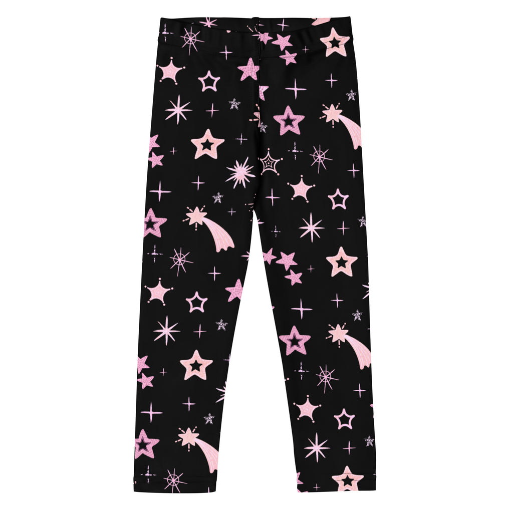 Girls pink shooting stars galaxy black leggings with playful pink and white star comet and sparkle pattern
