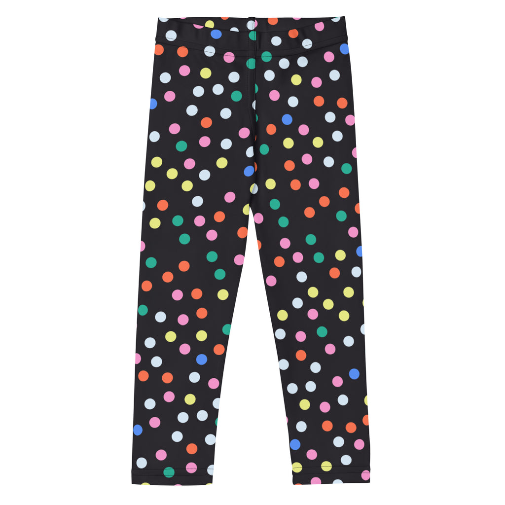 Girls confetti dots buttery soft black leggings with vibrant multicolored polka dot pattern in pink yellow green blue and white