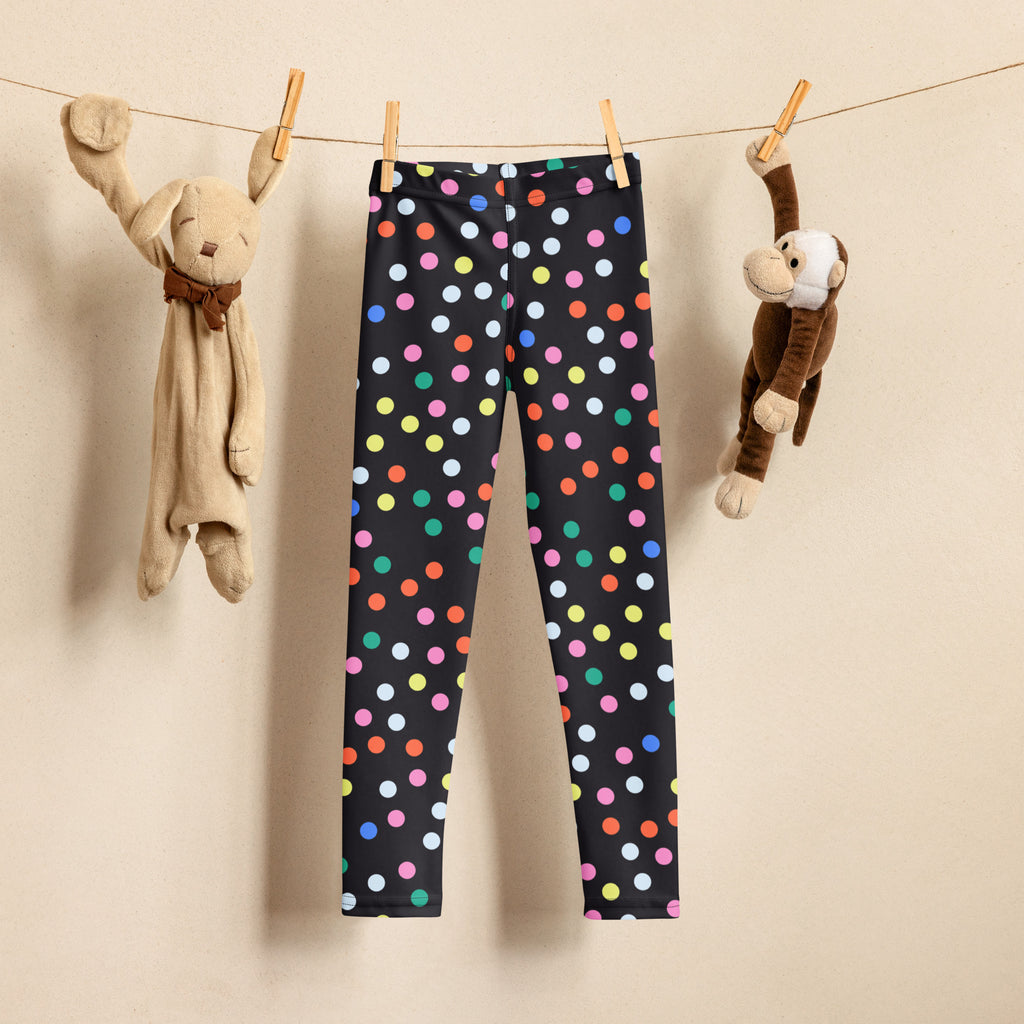 Girls confetti dots buttery soft black leggings with colorful pink blue green yellow and white polka dots