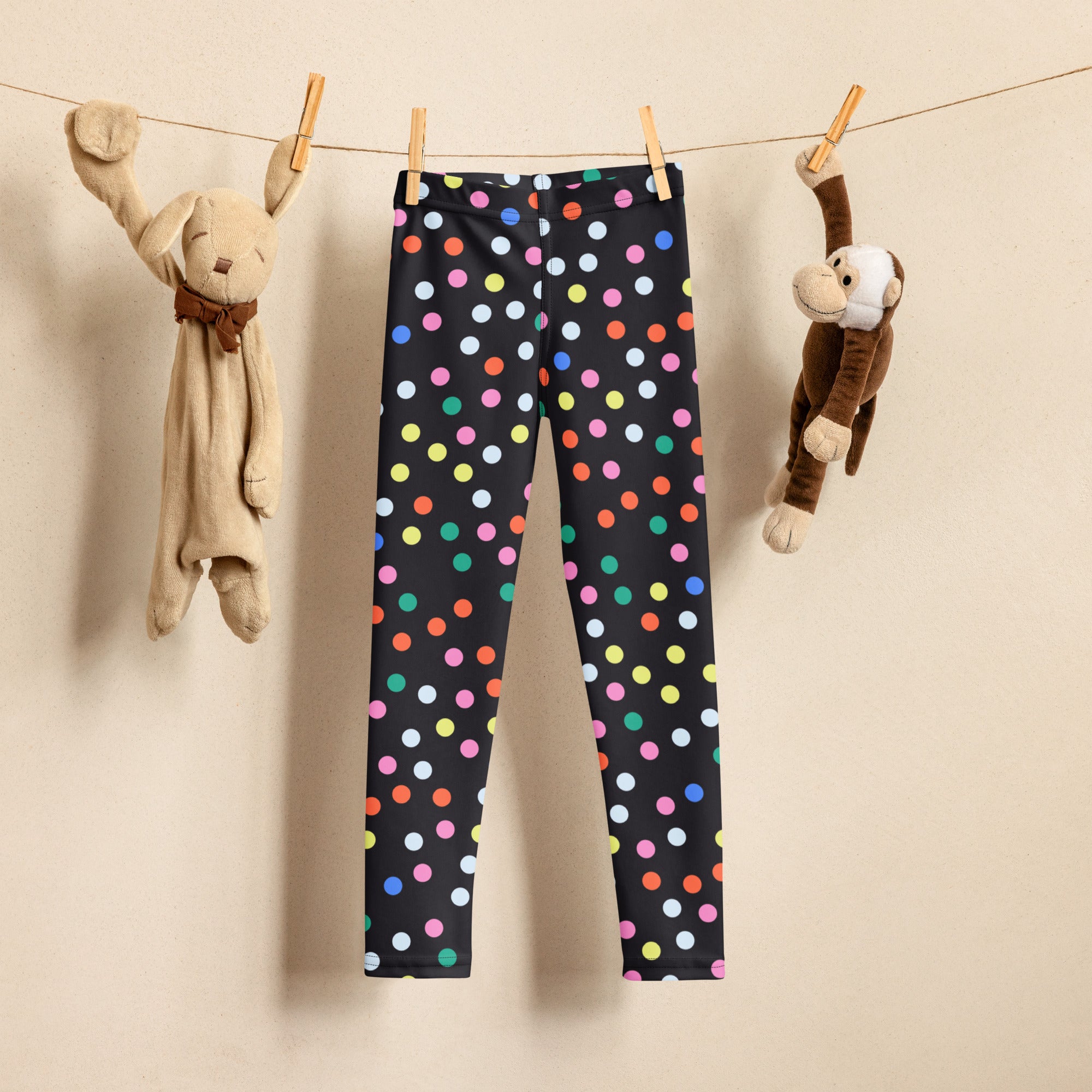 Girls confetti dots buttery soft black leggings with colorful pink blue green yellow and white polka dots