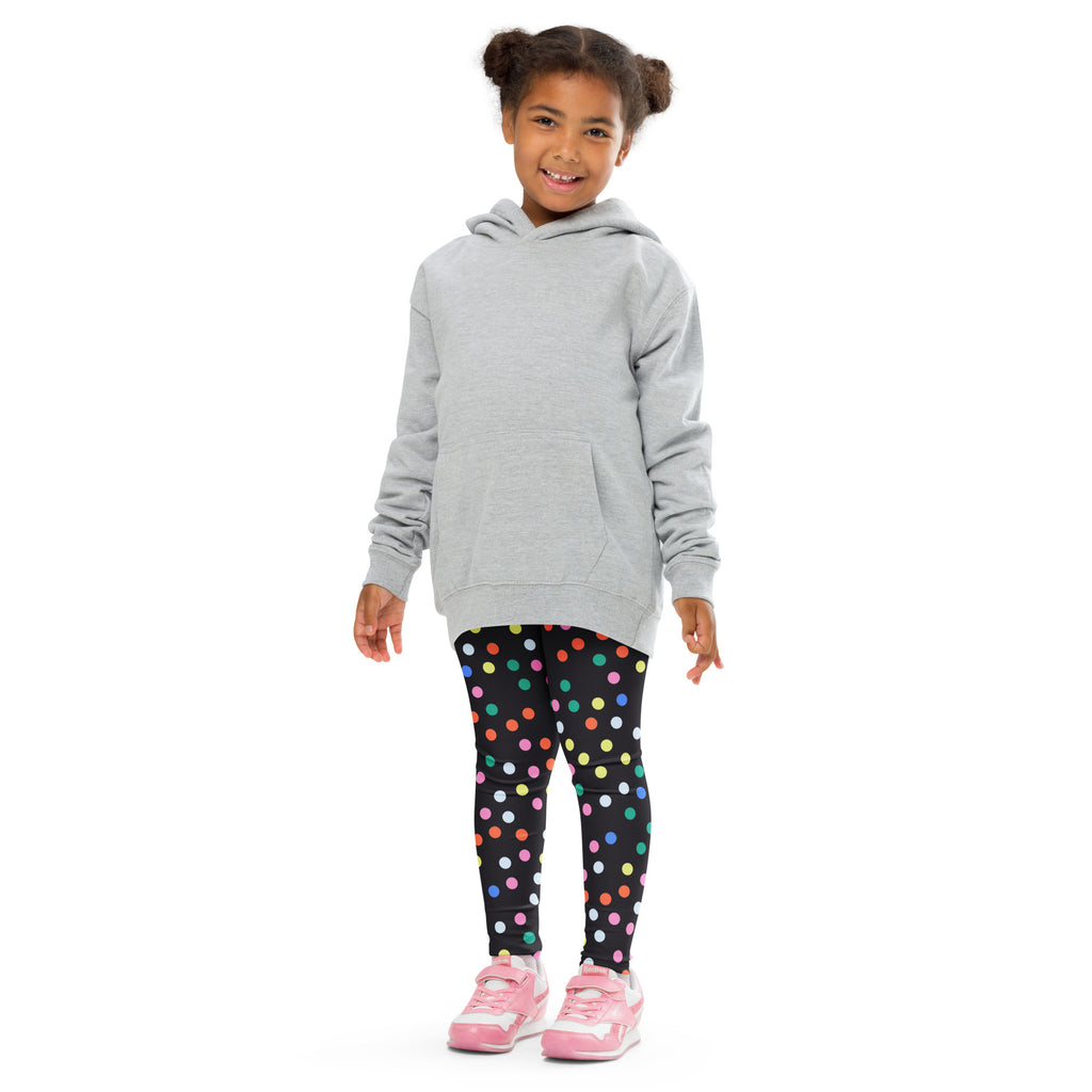 Gray hooded sweatshirt with long sleeves and front pocket paired with girls confetti dots buttery soft leggings