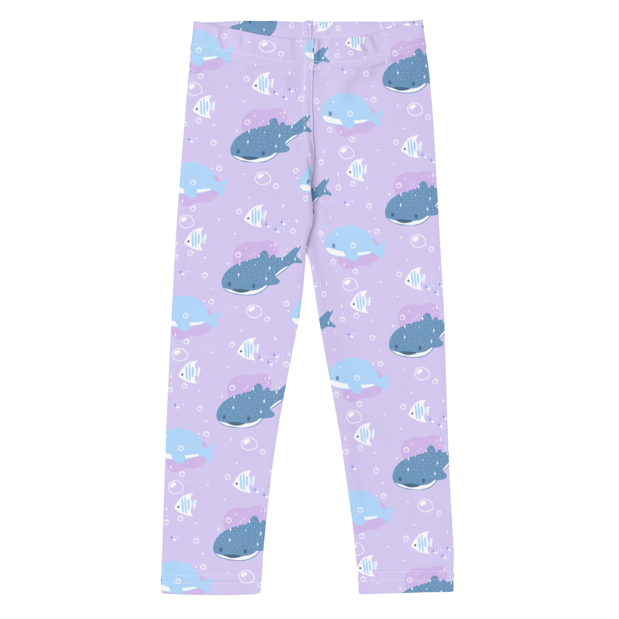 Girls purple whale shark buttery soft leggings with playful blue whales white fish and bubble pattern