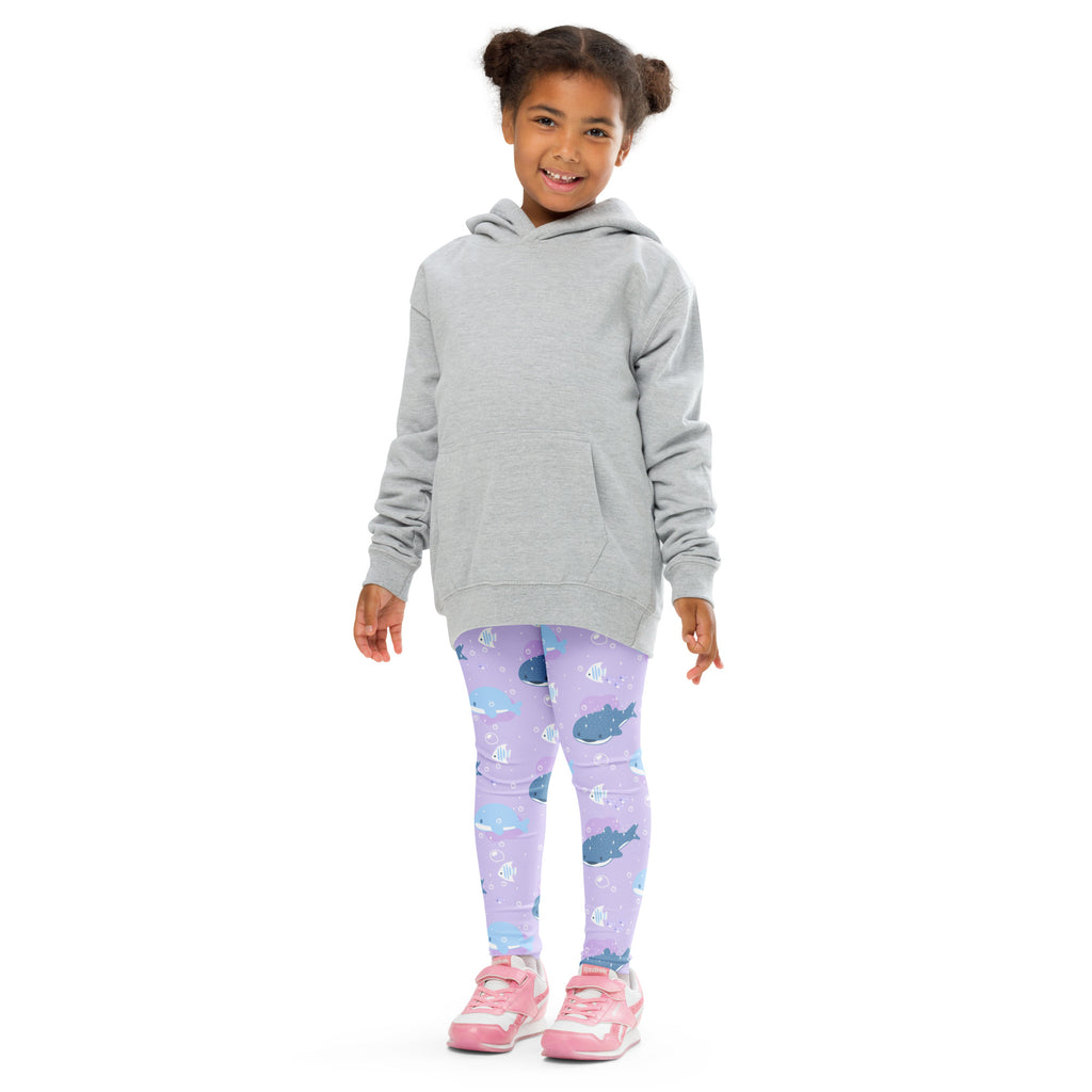 Gray hooded sweatshirt with front pocket and long sleeves paired with girls purple whale shark buttery soft leggings