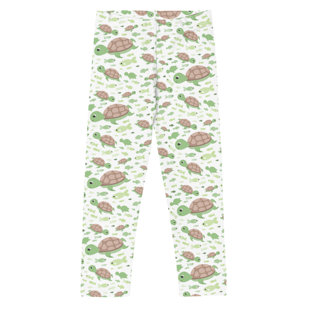 Kids green sea turtles buttery soft white leggings with playful green and brown turtle and fish pattern