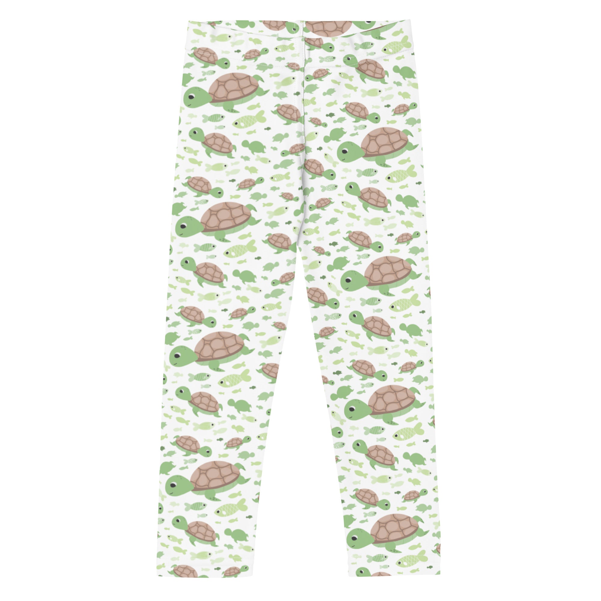 Kids green sea turtles buttery soft white leggings with playful green and brown turtle and fish pattern