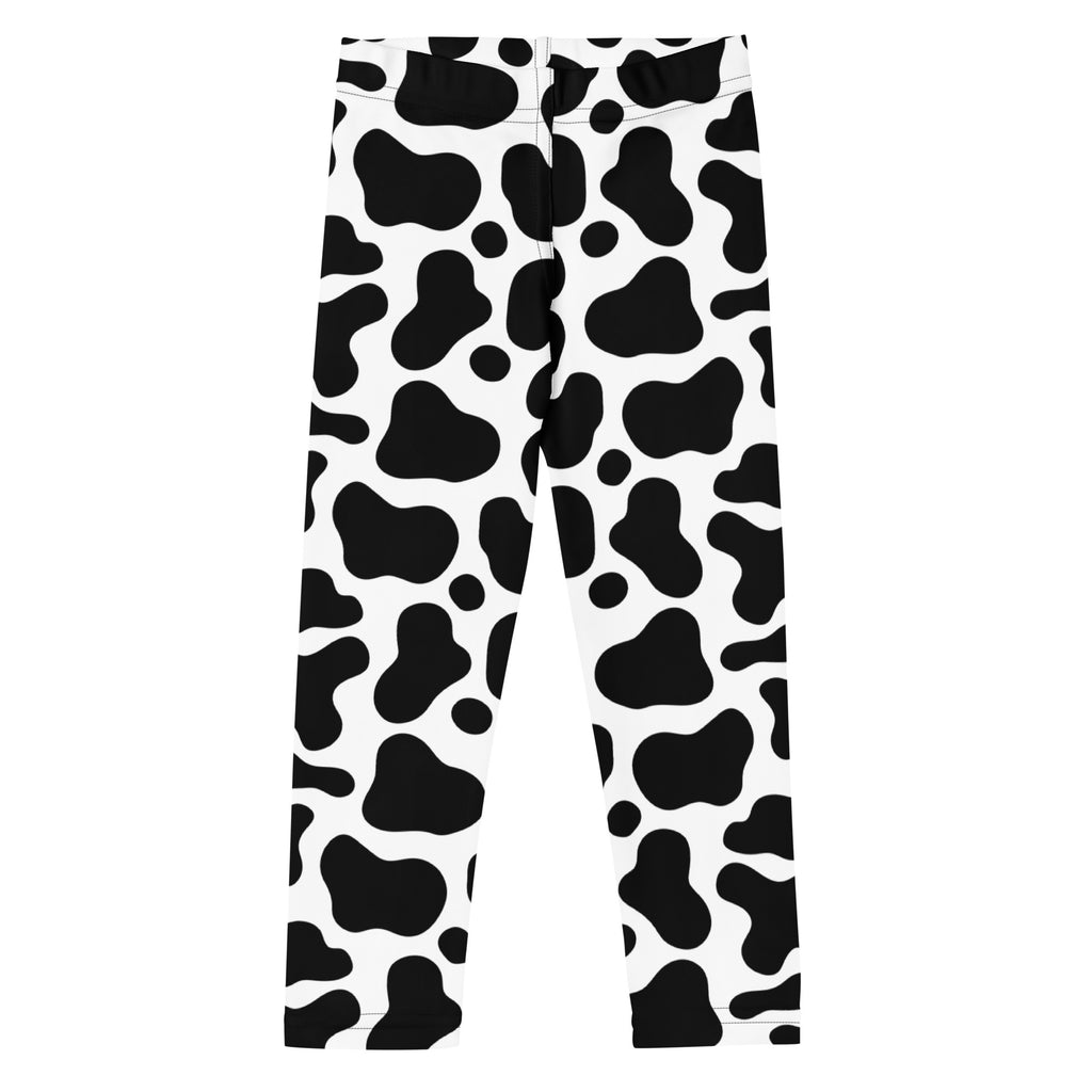 Kids cow print buttery soft leggings featuring black and white cow pattern and stretchy comfortable material