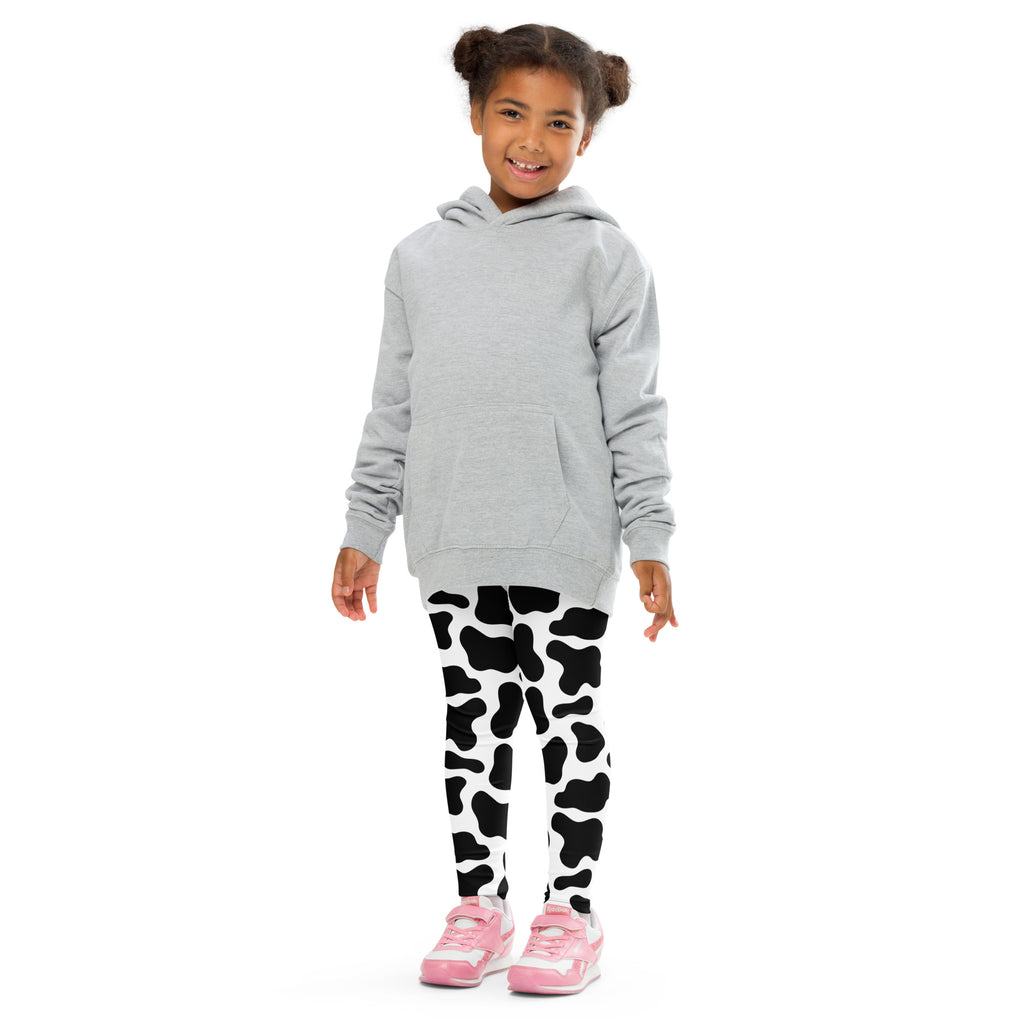 Gray hooded sweatshirt with long sleeves and front pocket paired with kids cow print buttery soft leggings