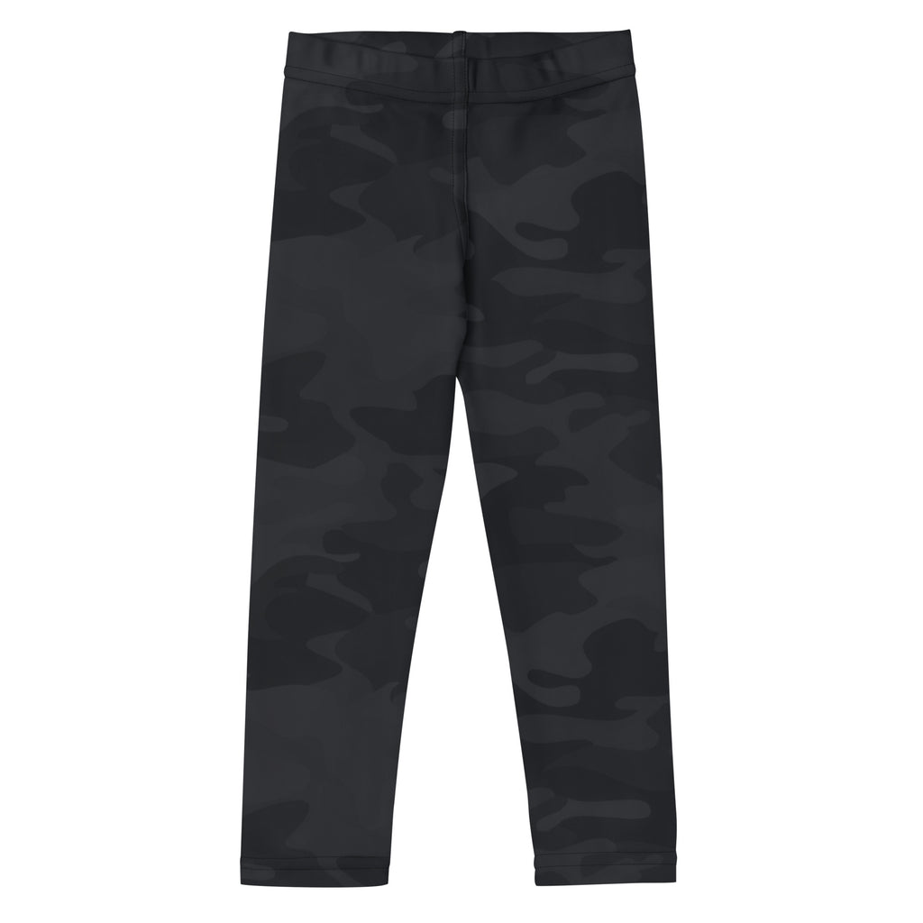 Kids black camouflage buttery soft leggings showing front side with comfortable stretchy fabric design