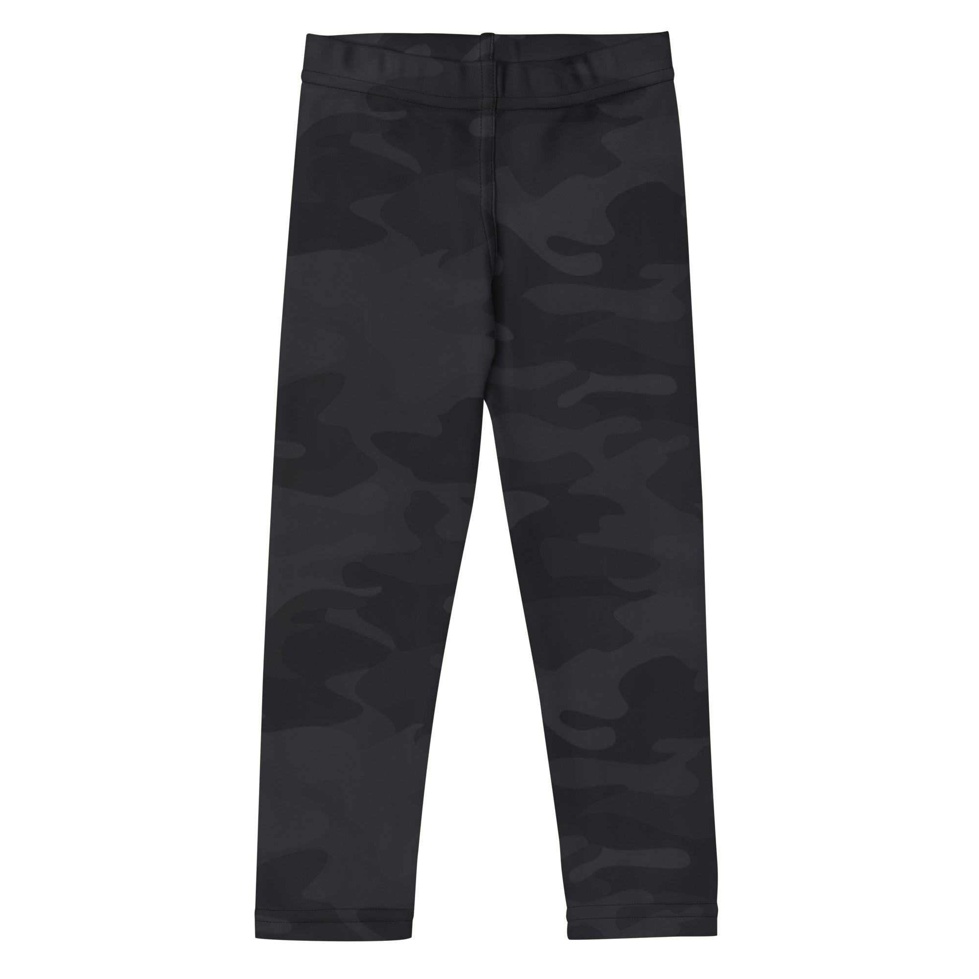 Kids black camouflage buttery soft leggings showing front side with comfortable stretchy fabric design