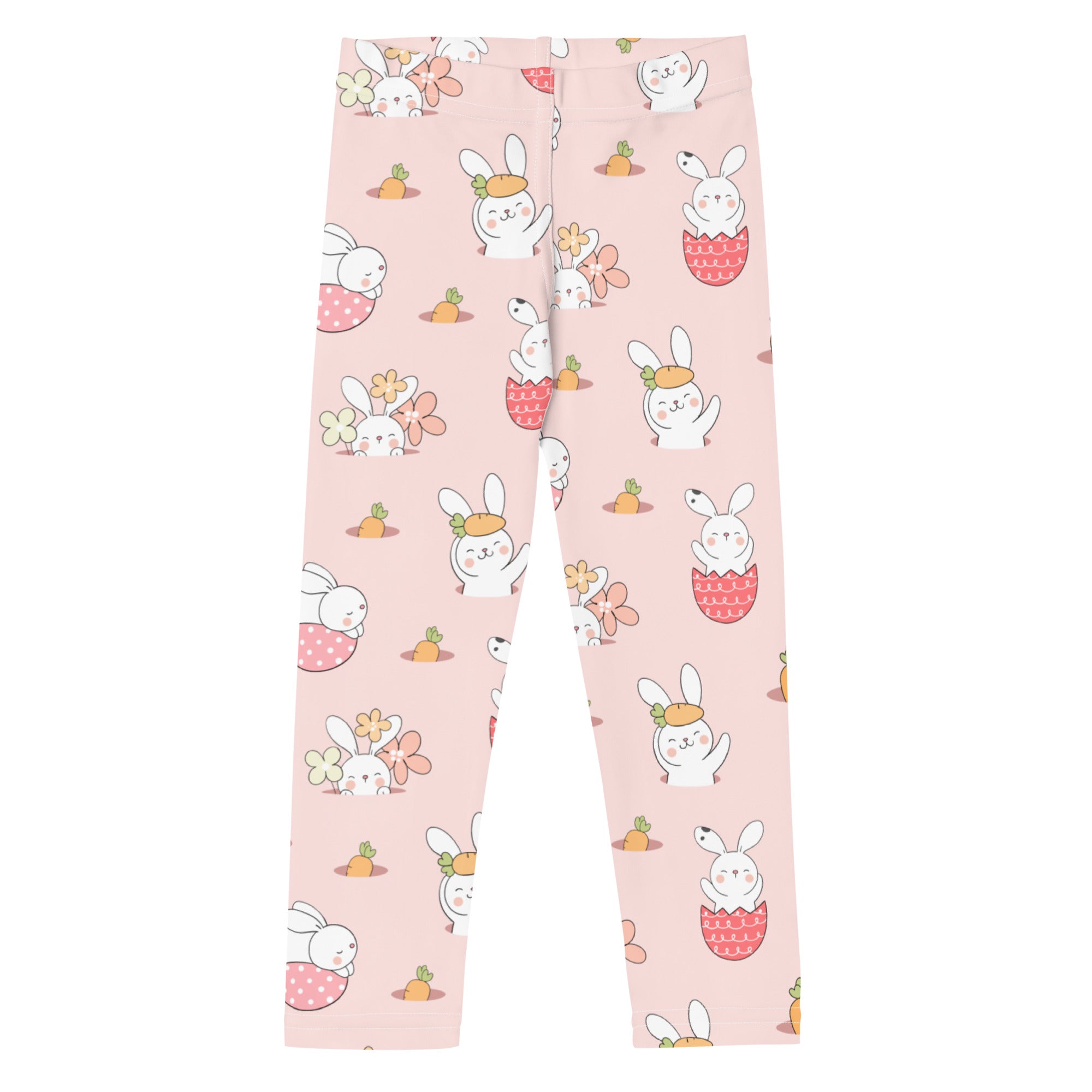 Kids easter bunny pattern buttery soft pink leggings with white cartoon bunnies in easter poses and scattered carrots and flowers
