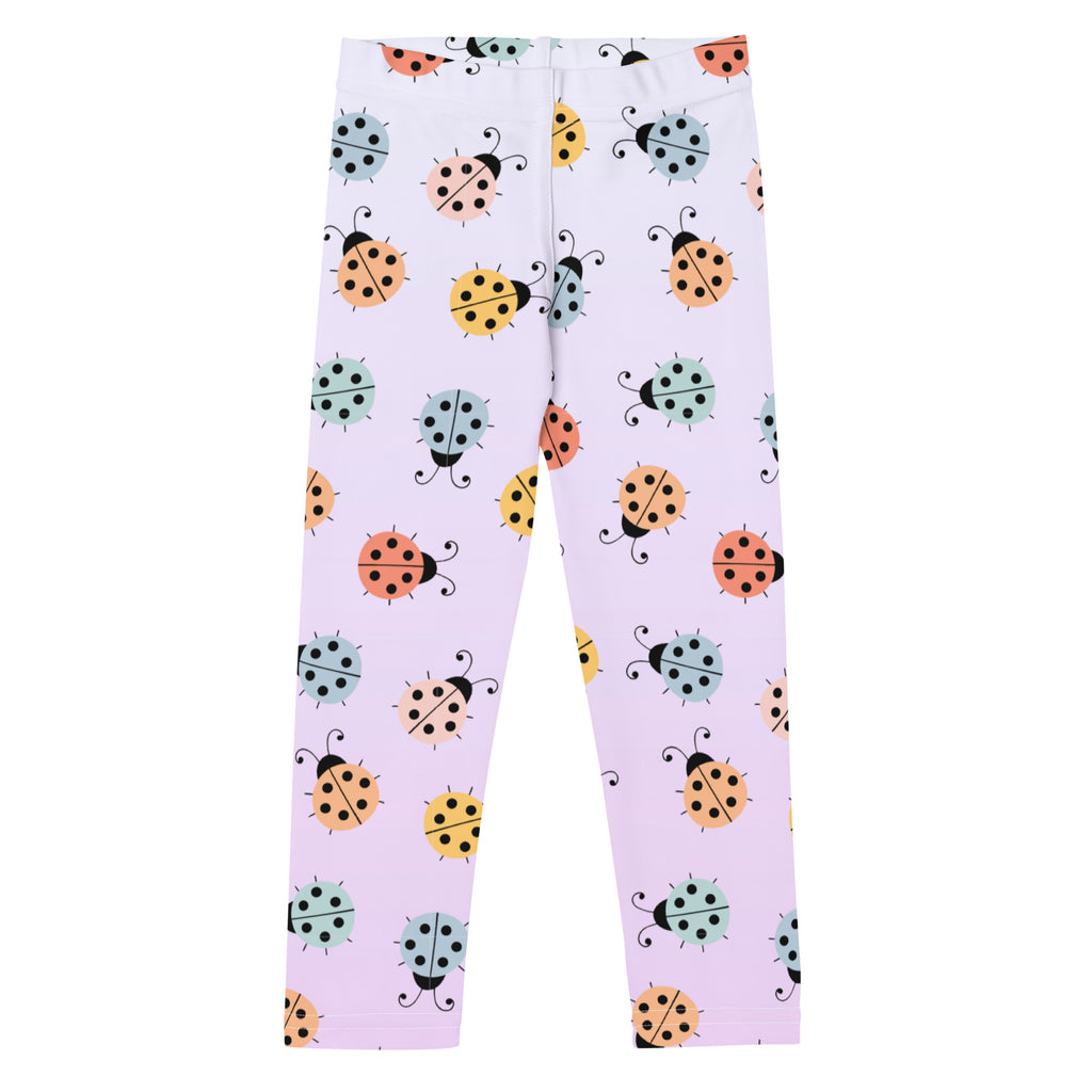 Girls colorful ladybug buttery soft leggings in pastel lavender with playful multicolor ladybug pattern