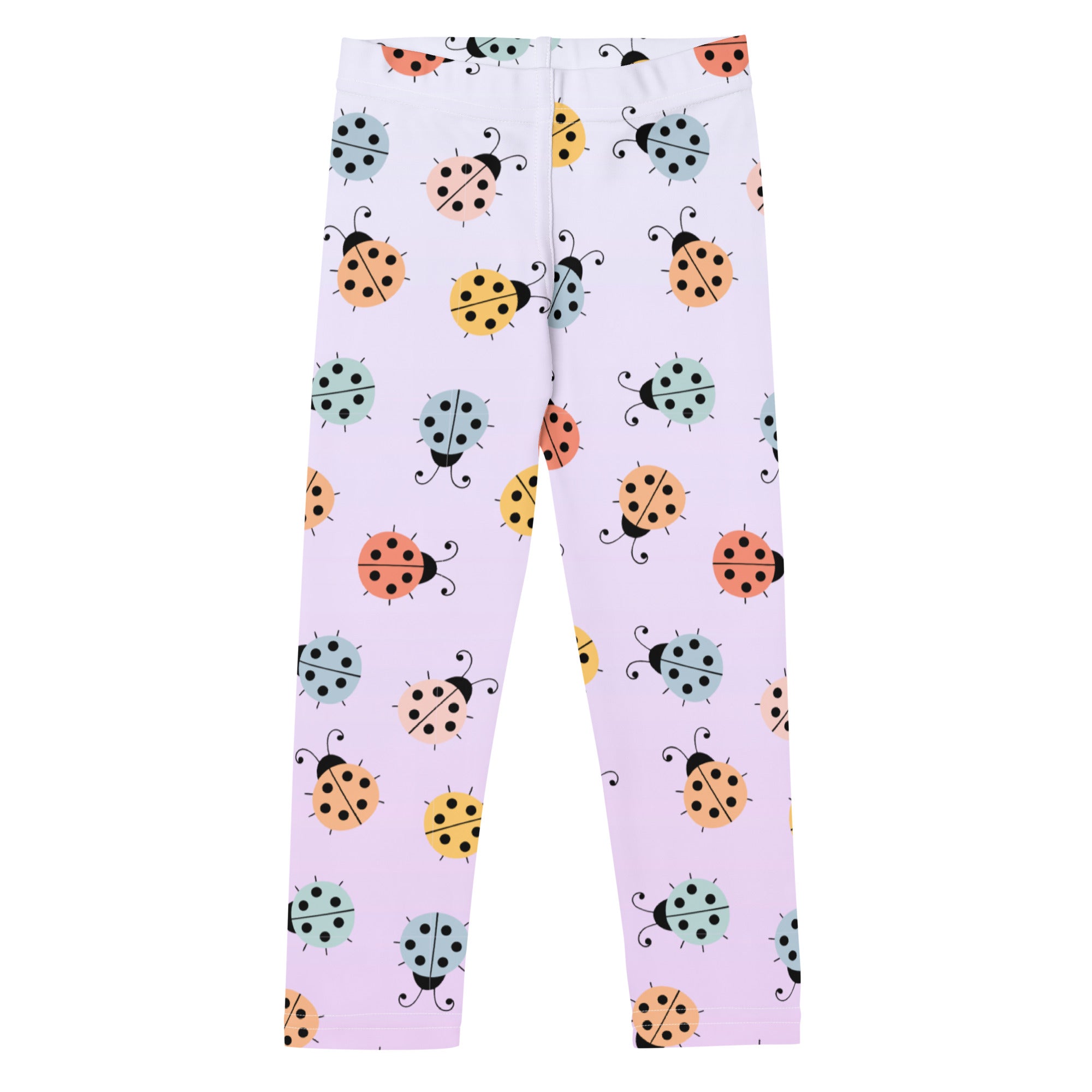 Girls colorful ladybug buttery soft leggings in pastel lavender with playful multicolor ladybug pattern
